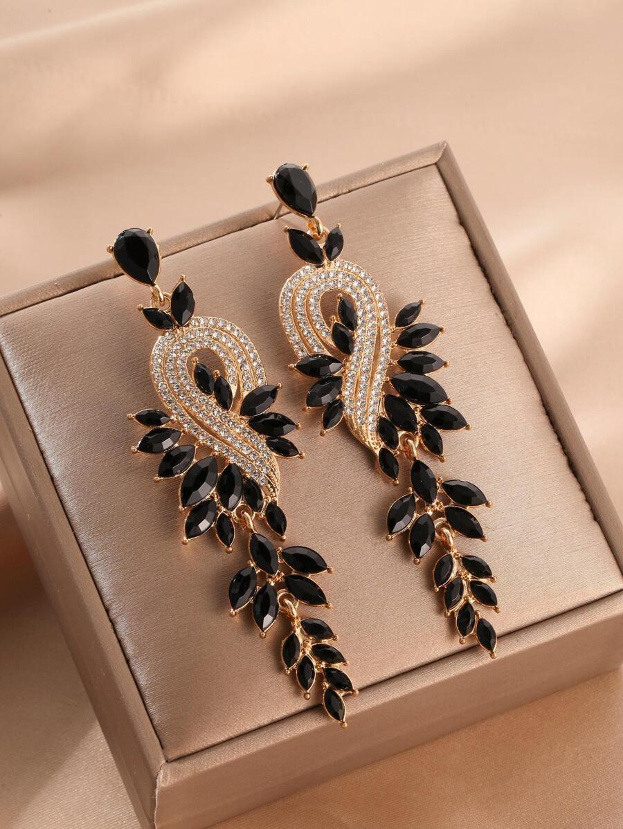 1pair Glamorous Zinc Alloy Rhinestone Drop Earrings For Women For Daily Life - Black - View 1