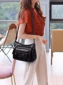 1入組新款女士們小信使皮革包單肩包郵差包皮夾女士手提包 - 黑色 - 查看 4