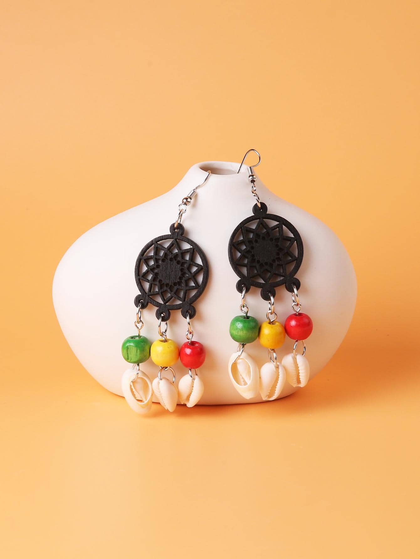 1對波西米亞木頭貝殼耳墜適合女士適用於日常生活 - 咖啡棕 - 查看 1