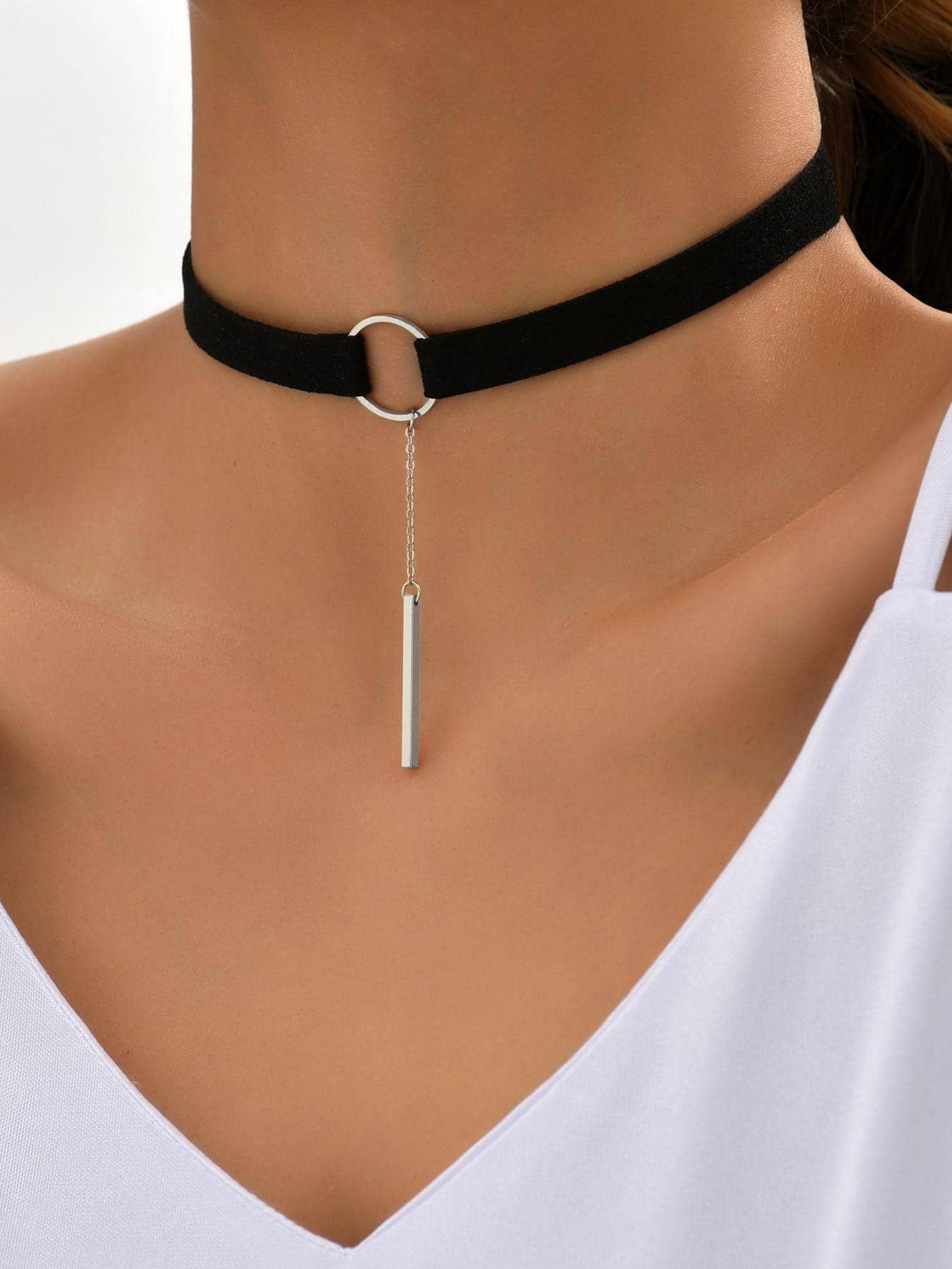 1 Máy Tính Da Lộn Màu Đen Vòng Cổ Choker Phù Hợp Với Vàng Thanh Dài Mặt Dây Chuyền Dành Cho Nữ, Gothic Phong Cách Vintage Cổ Dây Đảng Đầm - Đen và trắng - Xem 1