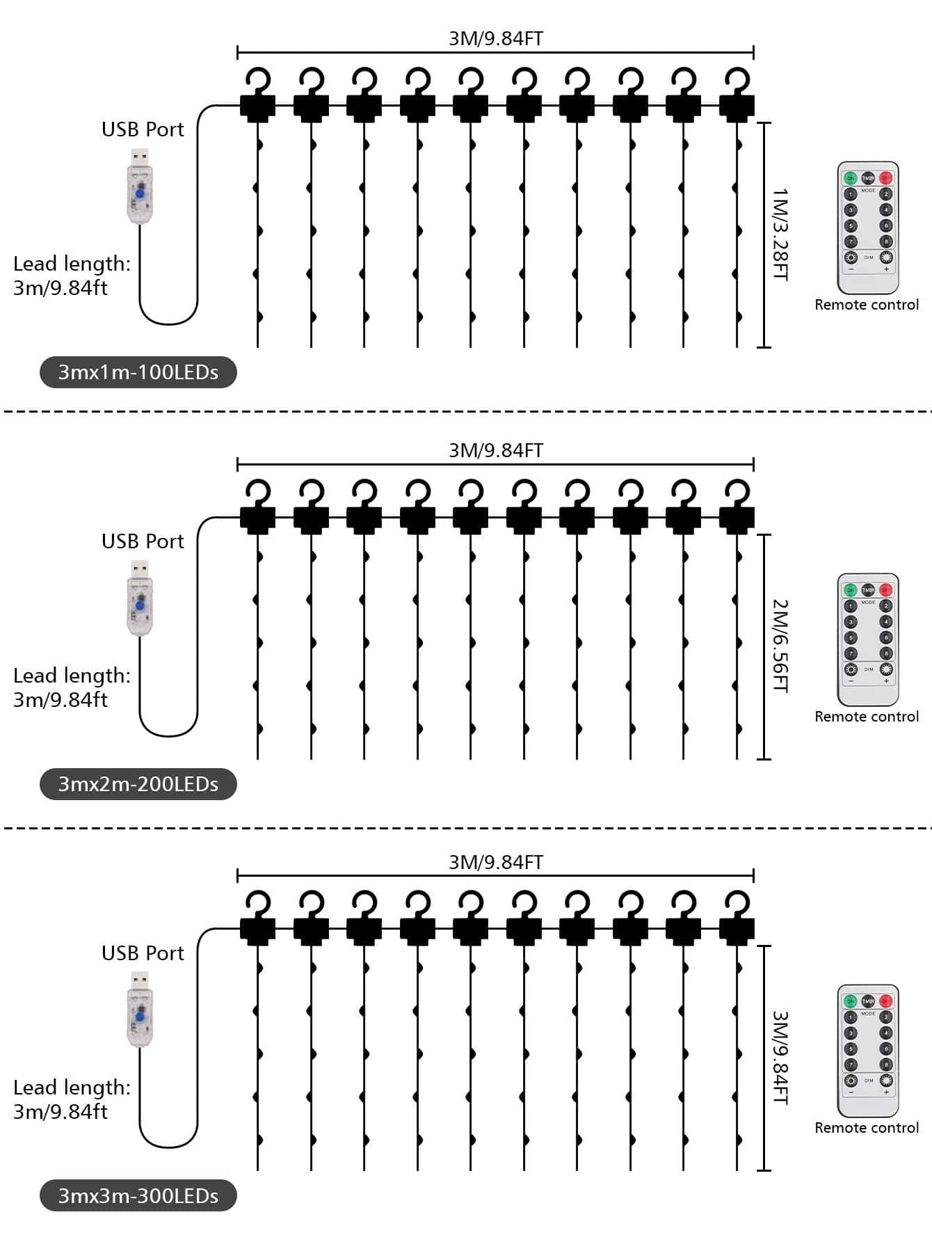 1pc 100/200/300 Led 3 X 1/3 X 2/3 X 3M ABS Curtain String Light, Romantic White Light Extendable Decorative Light With Remote Control For Home - White - View 5