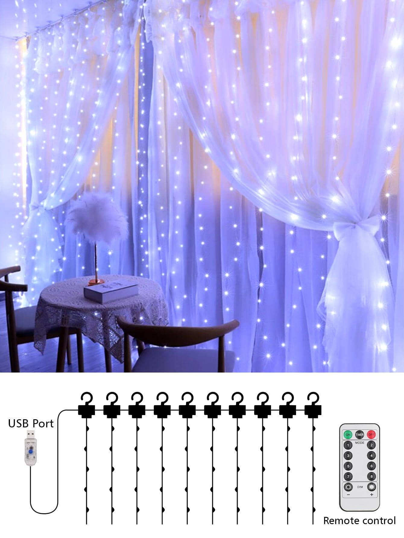 1pc 100/200/300 Led 3 X 1/3 X 2/3 X 3M ABS Curtain String Light, Romantic White Light Extendable Decorative Light With Remote Control For Home - White - View 1