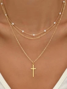Cross Charm Layered Necklace - Gold - View 1