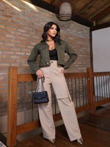 Jaqueta Jeans Feminina Com Botões Verde Militar Bege - Verde Militar - Visão 9