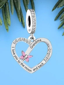 1入組時尚奶奶字母方晶鋯石蝴蝶裝飾愛心設計純銀吊墜DIY首飾製作