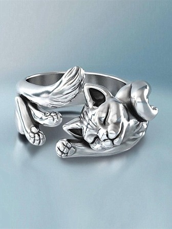 New Kitty Opening Cat Ring Vintage Silver-Plated Cat Totem Ring(Consumables )