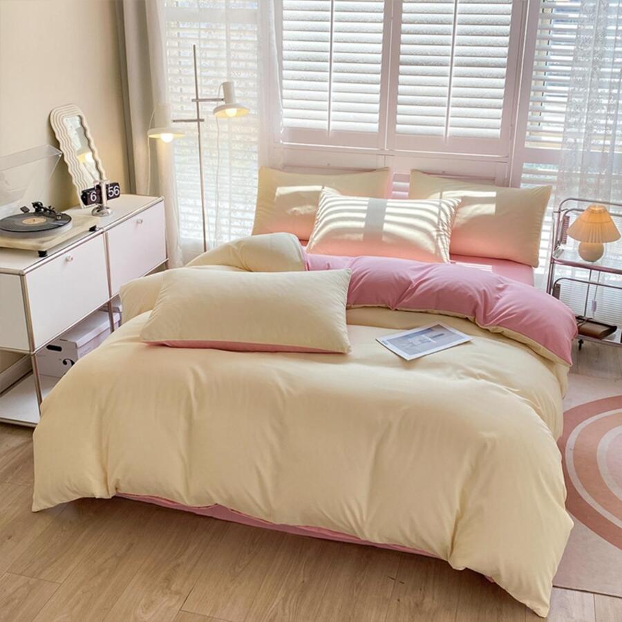 雙色被套套裝帶1入組、1入組床單、2入組無填充物枕套、臥室現代滌綸柔軟被套套裝 - 淺粉色 - 查看 1