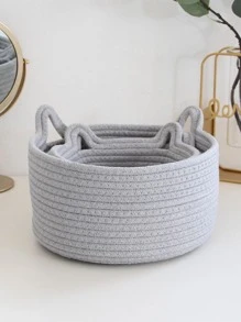1pc Cat Ear Decor Solid Color Woven Desktop Storage Basket, Modern Fabric Storage Basket For Home
