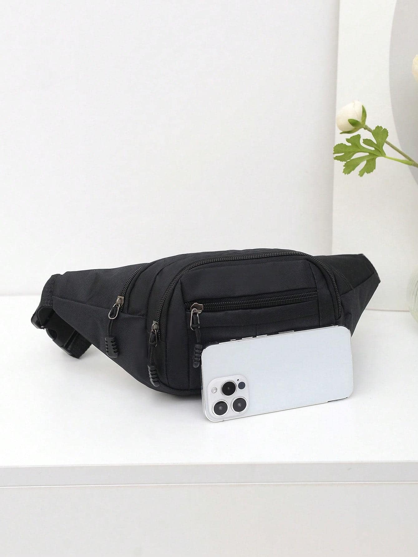 Large Fanny Pack Solid Black Zip Front Minimalist Waist Bag Sport Bag High School Students University Freshman For Travel,College,Outdoors,Commute - Black - View 1