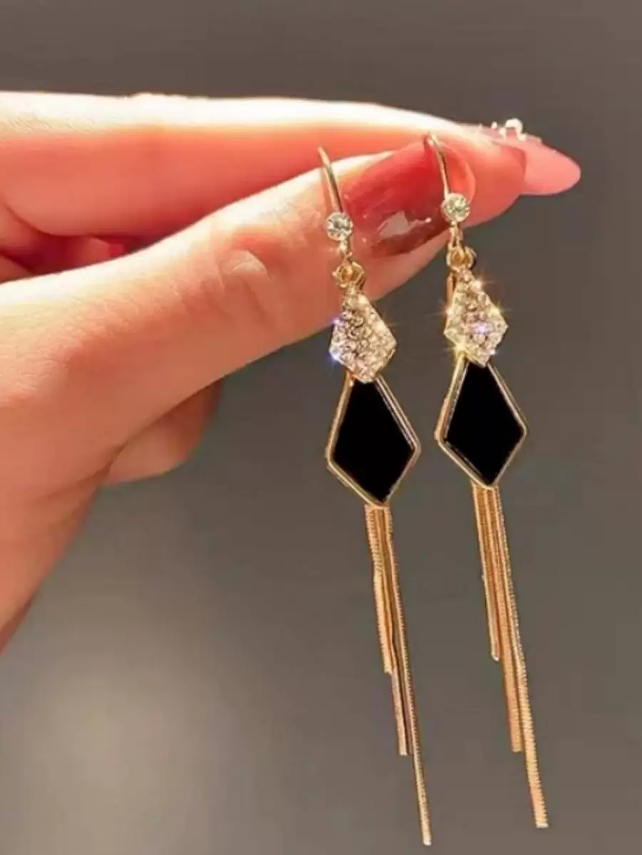1 Pair New Design Shiny Rhinestone Rhombus Dangle Tassel Earrings, Sexy Elegant Ear Jewelry For Women - Black - View 1