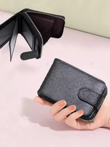 Monedero para mujeres identificación tarjeta de crédito Soporte Monedero moda Monedero unicolor dulce Monedero pequeño PU Cartera de mano - Negro - Ver 2