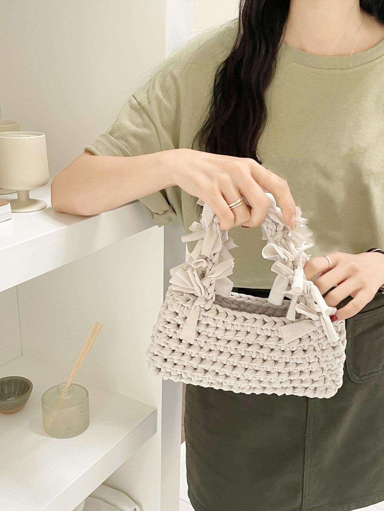 2024 New Handmade Dopamine Style Woven Ribbon Tote Bag, Candy-Colored Fringe Crochet Clutch Bag - White - View 1