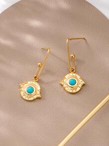 1對時尚鈦鋼綠松石裝飾圓形耳墜適合女士適用於日常生活 - 彩色 - 查看 3