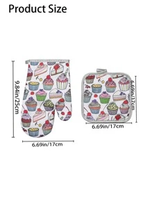 2入組套蛋糕圖案烤箱手套和隔熱墊，用於烘焙現代滌綸廚房亞麻布套裝，廚房 - 彩色 - 查看 5