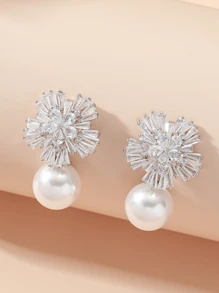 1 Pair Fashionable & Delicate Zirconia & Pearl Stud Earrings, Elegant Minimalist Style For Women