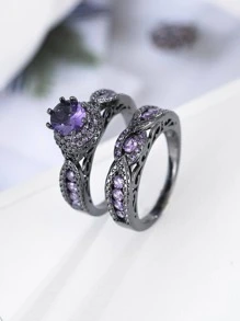 2入組/套時尚方晶鋯石王冠設計戒指套裝適用於情侶適用於約會 - 槍黑色 - 查看 1