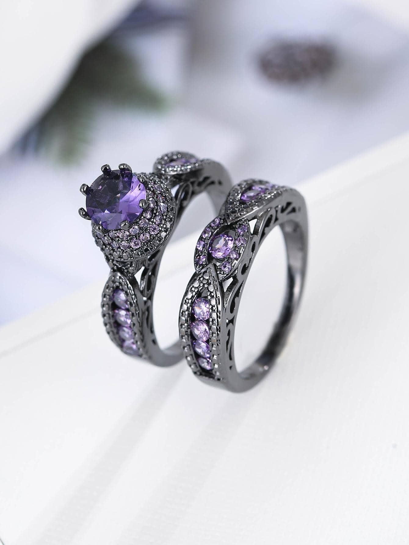 2入組/套時尚方晶鋯石王冠設計戒指套裝適用於情侶適用於約會 - 槍黑色 - 查看 1