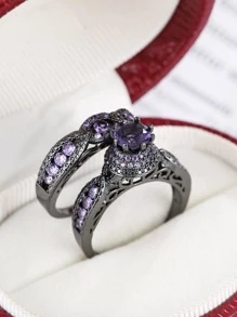 2入組/套時尚方晶鋯石王冠設計戒指套裝適用於情侶適用於約會 - 槍黑色 - 查看 2