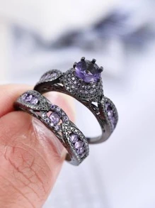 2入組/套時尚方晶鋯石王冠設計戒指套裝適用於情侶適用於約會 - 槍黑色 - 查看 5