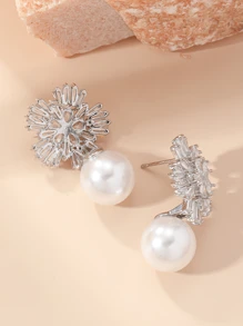 1 Pair Fashionable & Delicate Zirconia & Pearl Stud Earrings, Elegant Minimalist Style For Women
