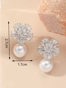 1 Pair Fashionable & Delicate Zirconia & Pearl Stud Earrings, Elegant Minimalist Style For Women