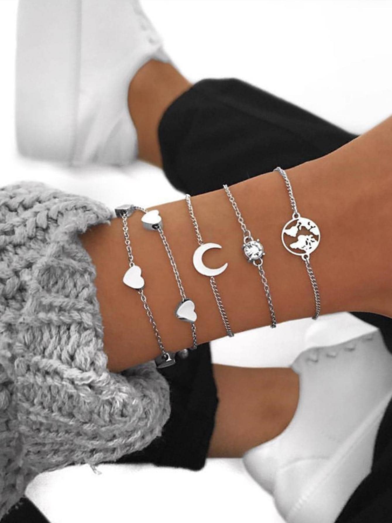 5入組/套時尚愛心和月亮裝飾手鏈適合女士適用於日常首飾配件 - 銀色 - 查看 1