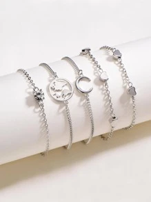 5入組/套時尚愛心和月亮裝飾手鏈適合女士適用於日常首飾配件 - 銀色 - 查看 2