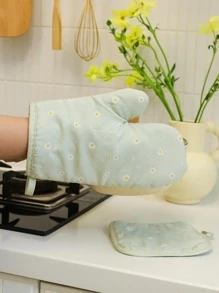 1入組滌綸隔熱手套和隔熱現代花朵設計烤箱隔熱手套和防燙套墊適用於廚房 - 綠色 - 查看 3