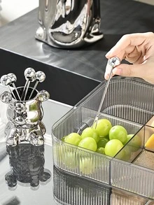 6 cái nĩa trái cây bằng thép không gỉ với hộp lưu trữ thiết kế gấu - Bạc - Xem 3