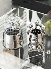 6 cái nĩa trái cây bằng thép không gỉ với hộp lưu trữ thiết kế gấu - Bạc - Xem 1