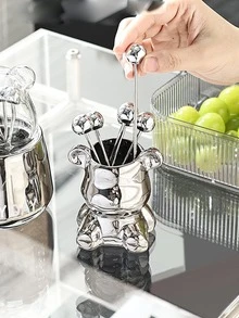 6 cái nĩa trái cây bằng thép không gỉ với hộp lưu trữ thiết kế gấu - Bạc - Xem 2