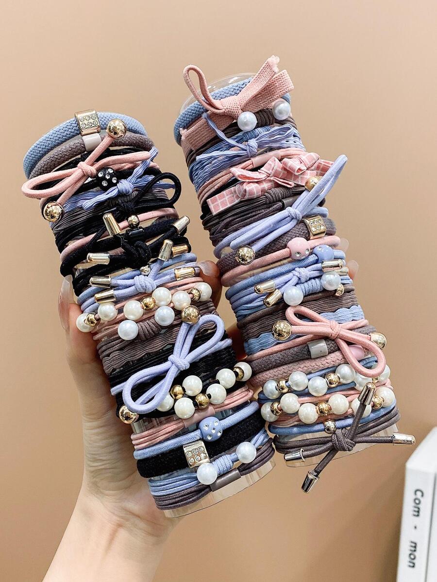 50 piezas de lazos elásticos simples de imitación de perlas de colores brillantes para el cabello de niñas
