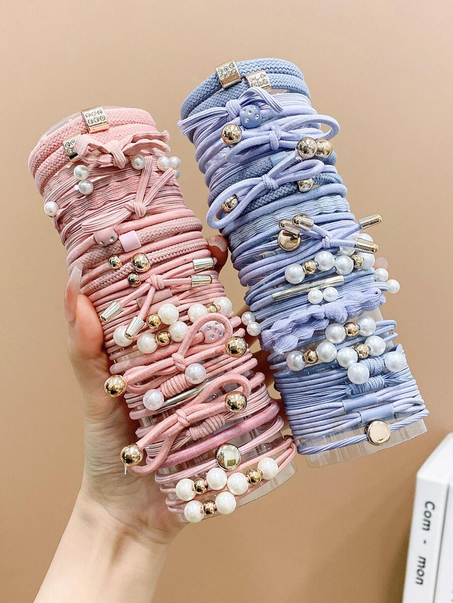 50入組女孩蝴蝶結和人造珍珠裝飾時尚髮圈適用於日常生活 - 彩色 - 查看 1