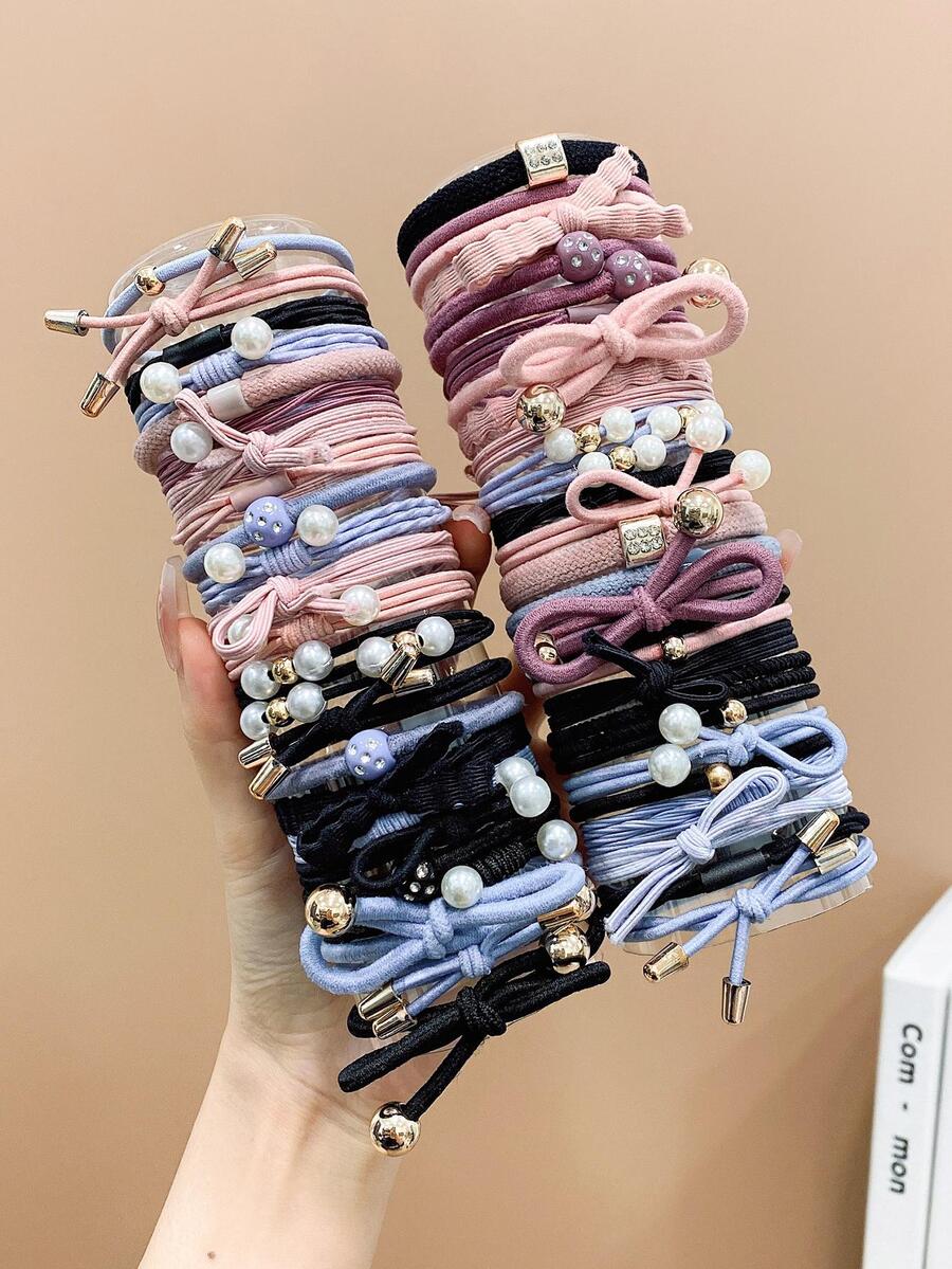 50入組女孩蝴蝶結和人造珍珠裝飾時尚髮圈適用於日常生活