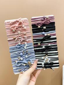 50入組女孩蝴蝶結和人造珍珠裝飾時尚髮圈適用於日常生活