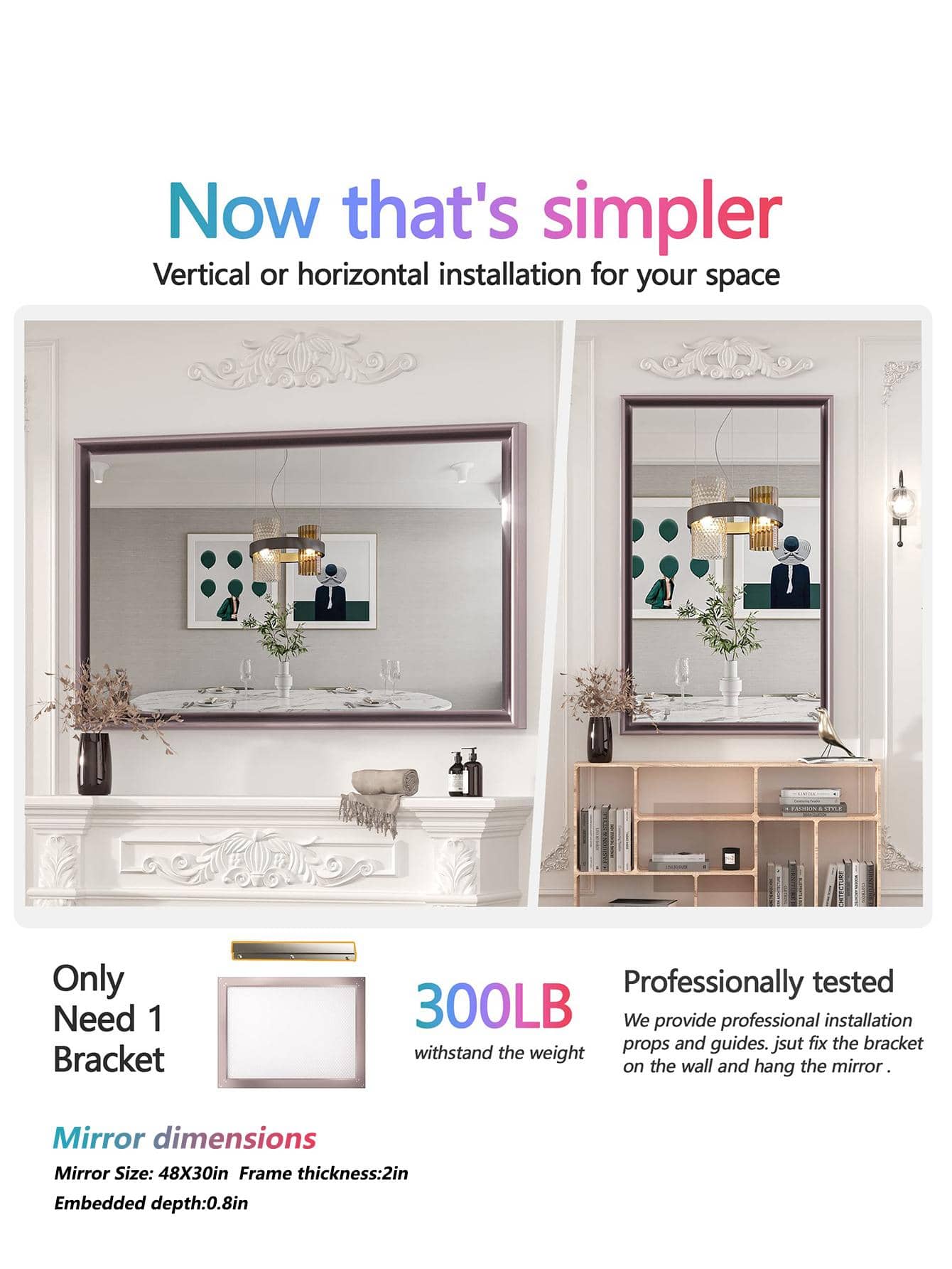 48 x 30 Inch Bathroom Mirrors for Vanity, Rose Gold Wall Mirror, Modern ...