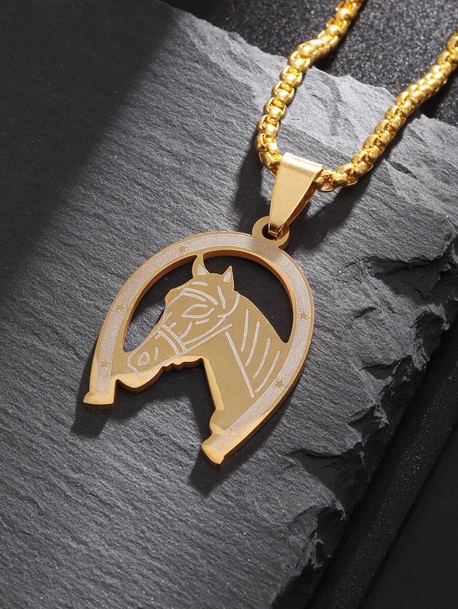 男士馬頭吊墜項鍊,適用於首飾類禮品和派對 - 金色 - 查看 1
