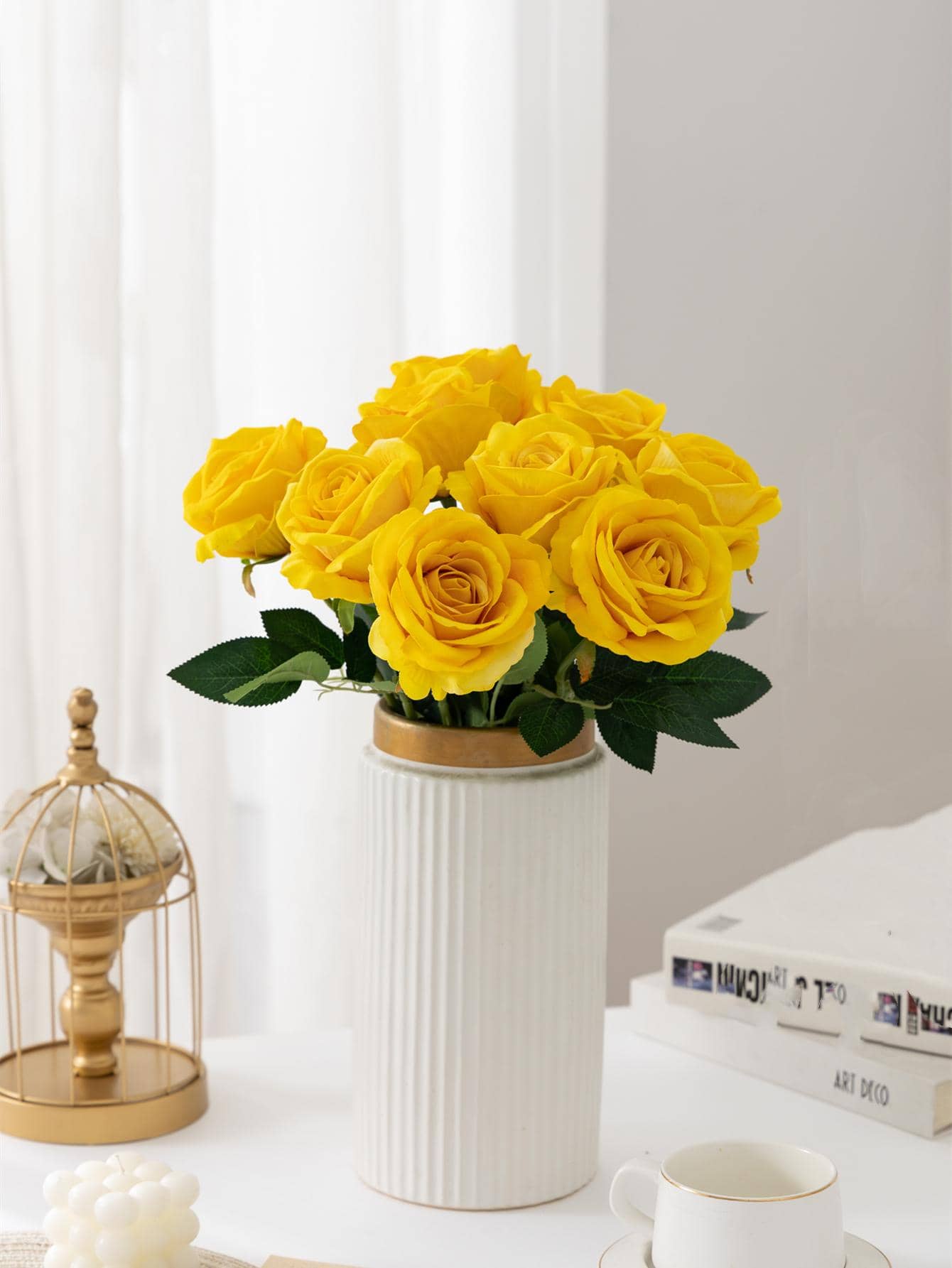 MEHELANY 1入組人造玫瑰，現代家用塑料人造花 - 黃色 - 查看 1