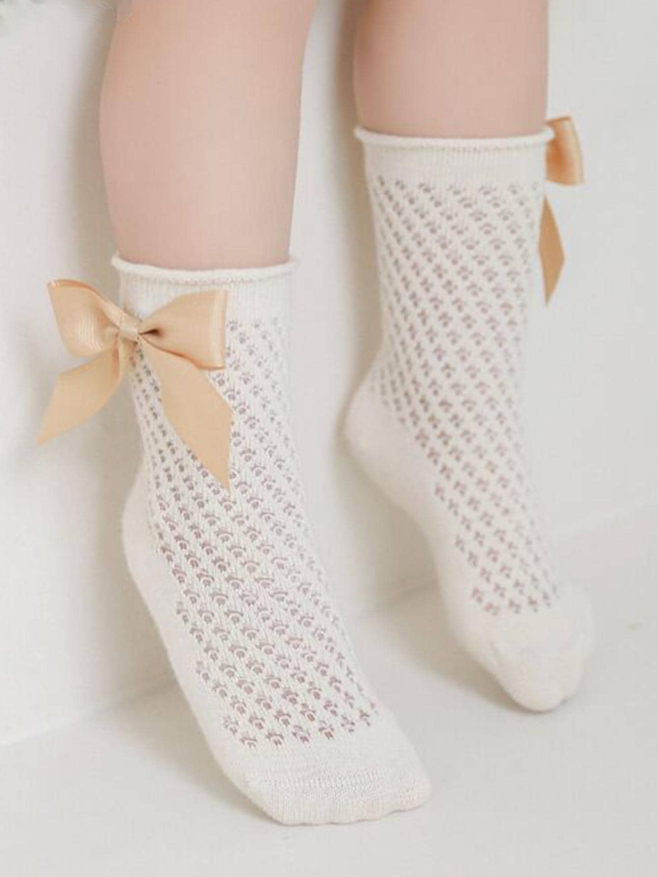 1 paar meisjes Hollow Out Bow Decor Crew sokken voor het dagelijks leven - Beige - Bekijken 2