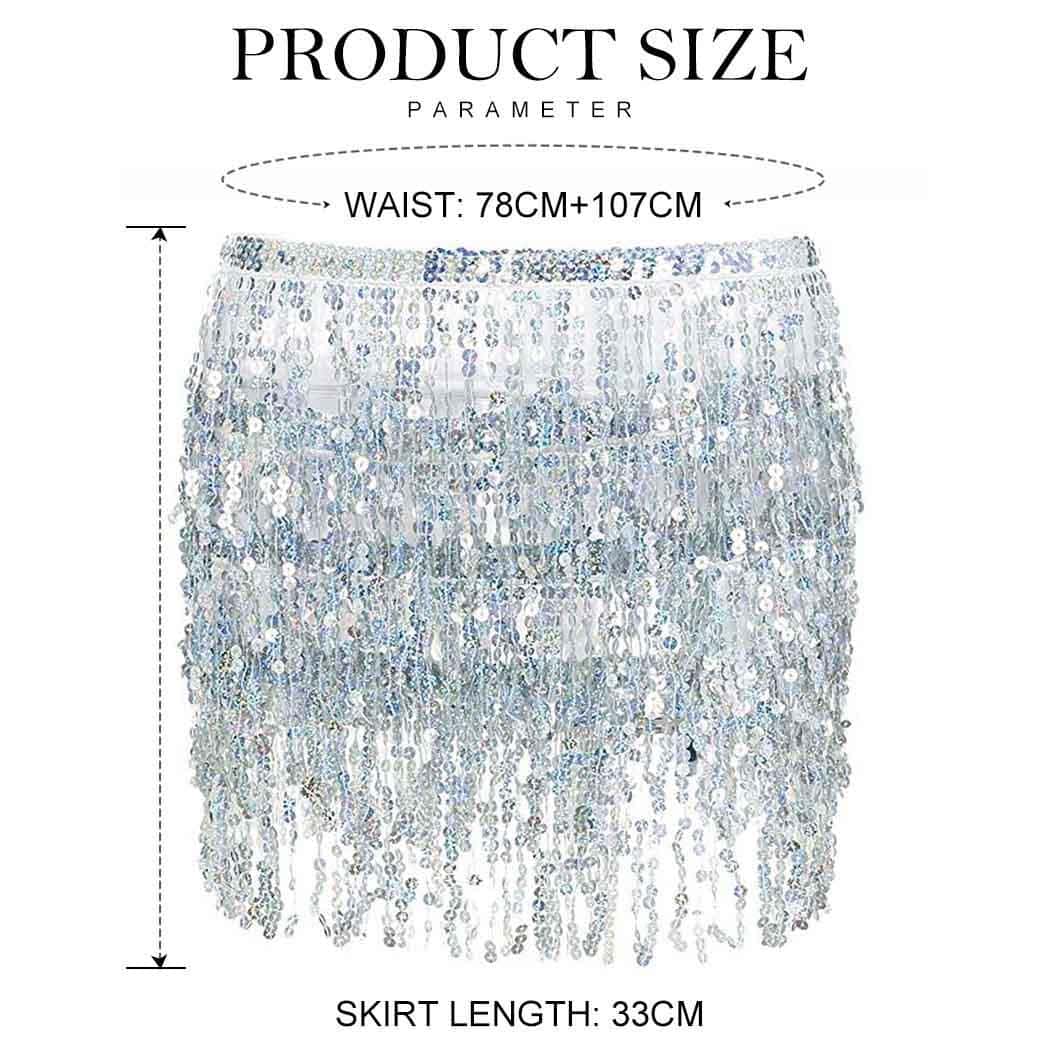 Victray Women Sparkly Sequin Mini Skirt Belly Dance hip Skirt Glitter Fringe Skirt Rave Party