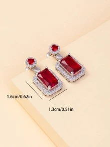 Rhinestone Square Decor Drop Earrings - Red - View 3