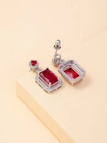 Rhinestone Square Decor Drop Earrings - Red - View 2