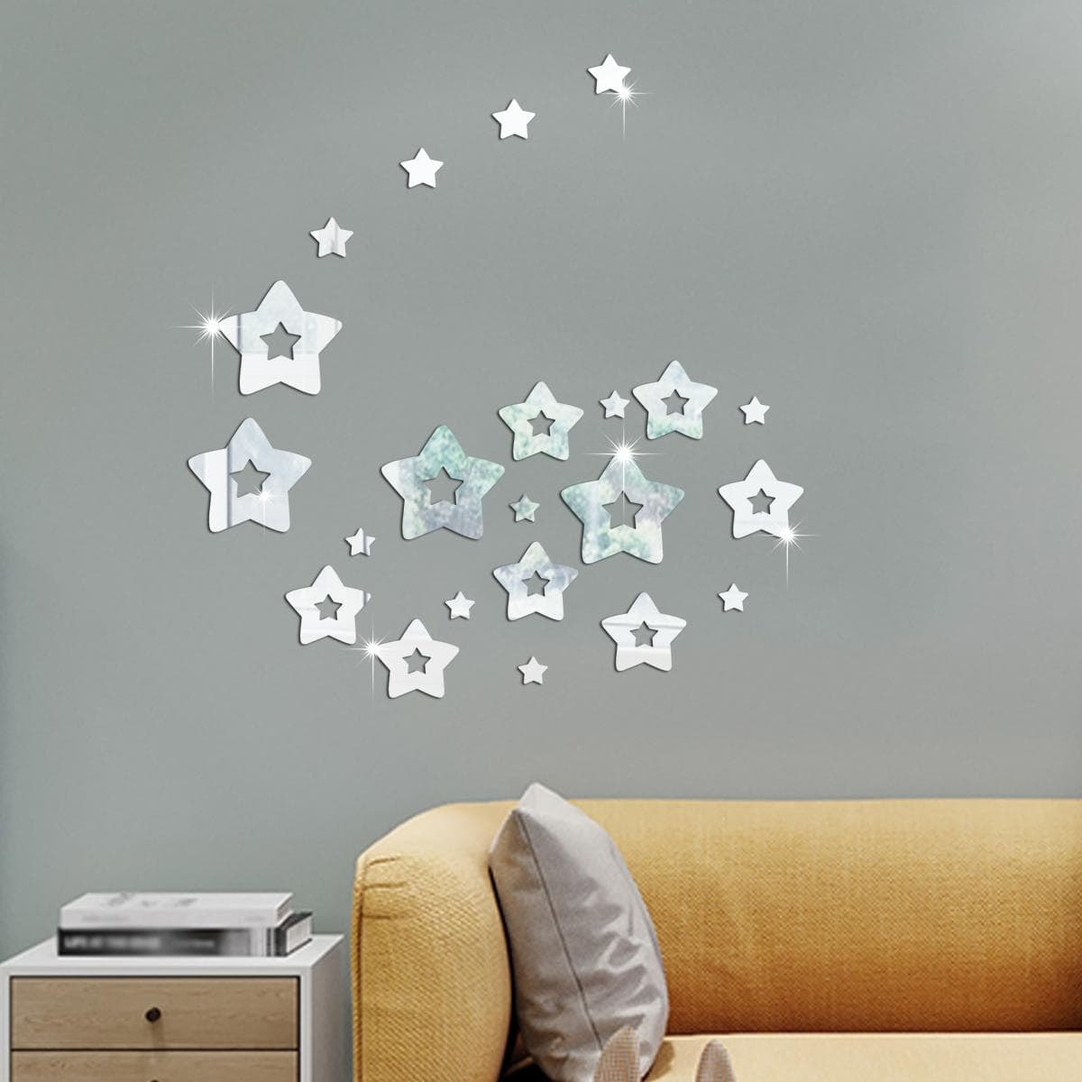22pcs/set PMMA Wall Mirror Tile, Modern Star Shaped Mirror Wall Sticker For Home - Silver - View 1