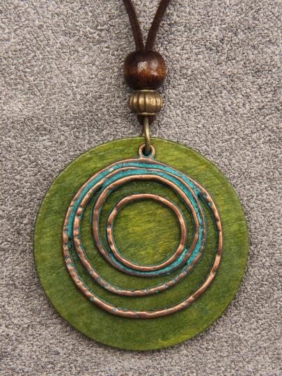 1pc Asymmetrical Circle & Lantern Shaped Wood Bead Pendant Necklace, With Antique Blue Look & Long Chain, For Men
