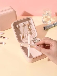 1入組便攜珠寶收納盒收納極簡素色方形多格首飾收納盒適合旅行 - 粉色 - 查看 5