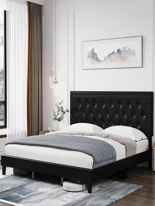 Upholstered Platform Bed with Diamond Button Tufted & Nailhead Trim