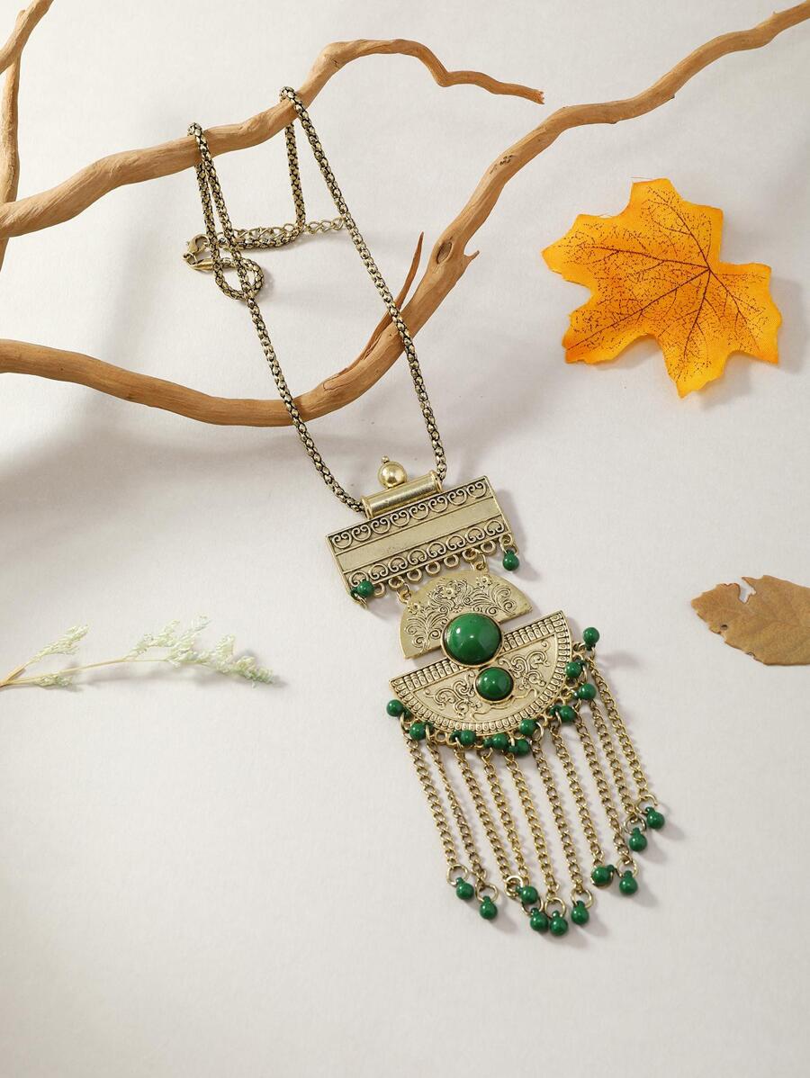 1入組波西米亞鋅合金紋理質感金屬扇形裝飾流蘇吊墜項鍊適合女士適用於日常生活 - 彩色 - 查看 1