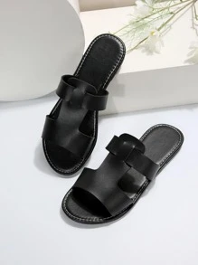 女士黑色純色休閒海灘涼鞋,拖鞋,平底pu皮革 - 黑色 - 查看 4