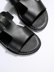 女士黑色純色休閒海灘涼鞋,拖鞋,平底pu皮革 - 黑色 - 查看 6