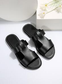 女士黑色純色休閒海灘涼鞋,拖鞋,平底pu皮革 - 黑色 - 查看 5